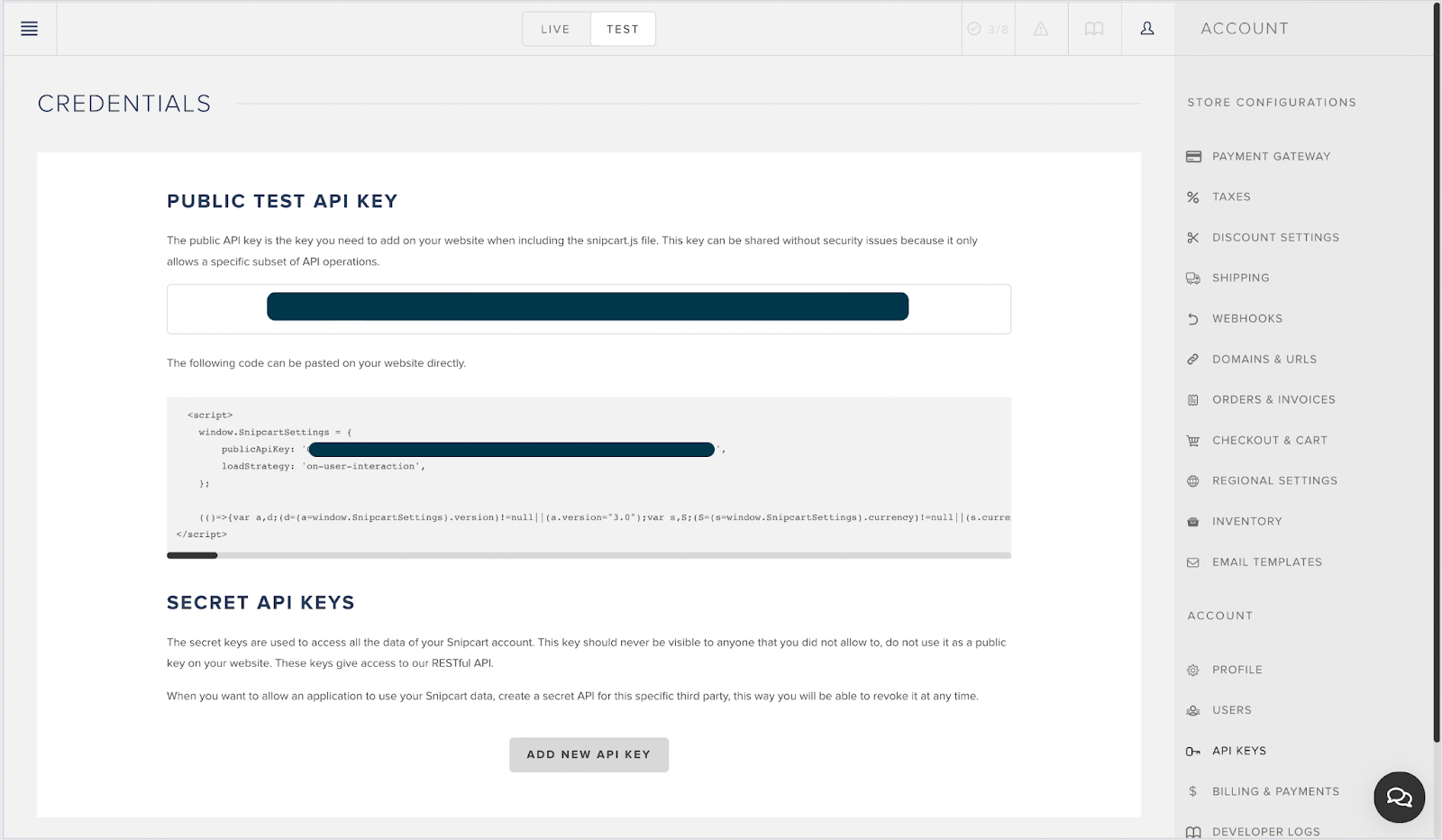 Snipcart Credentials Page