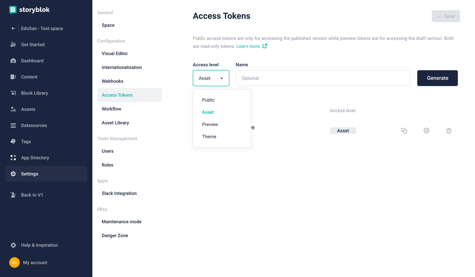 Create an access token with Asset access level