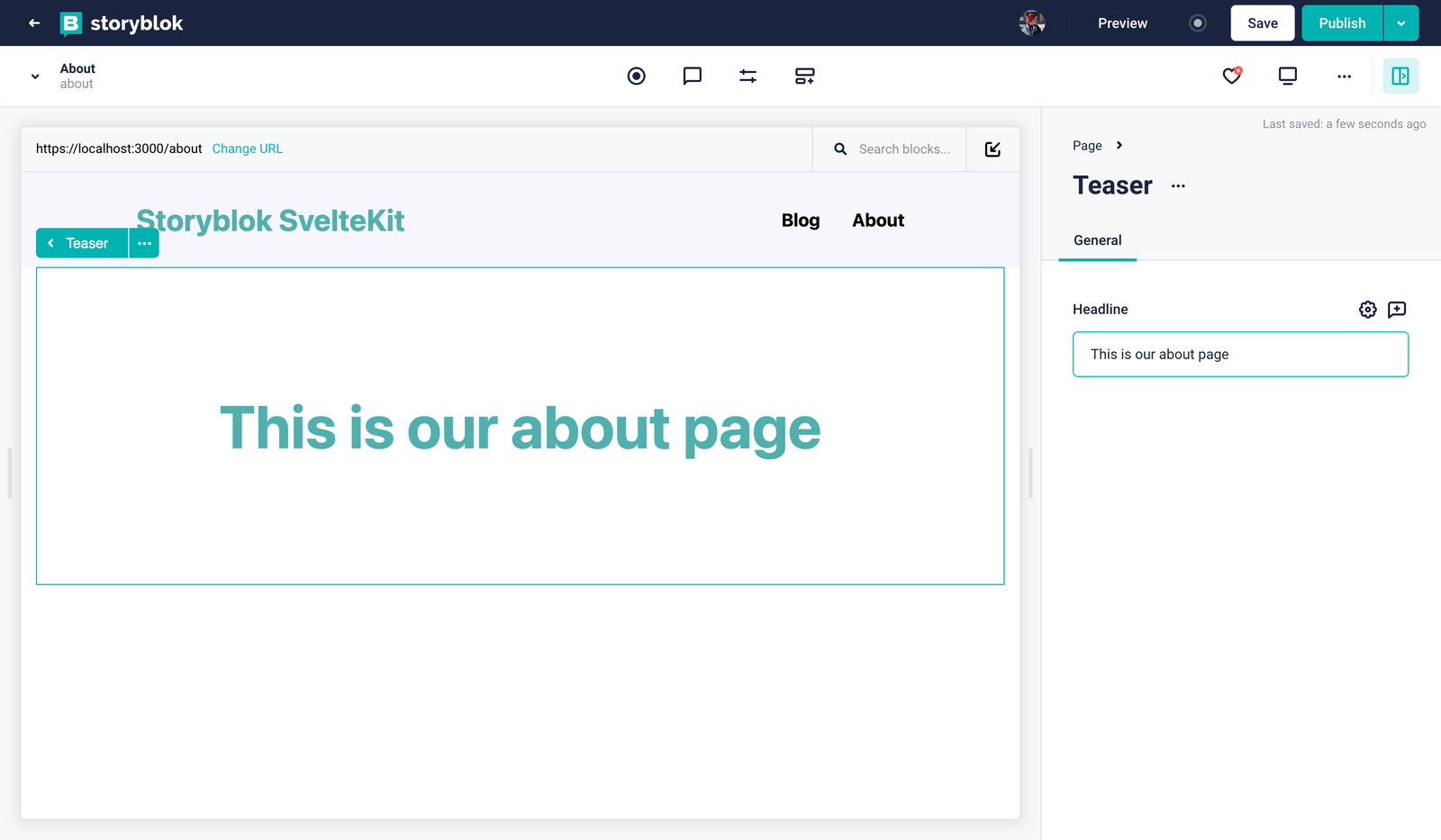 adding a headline to the new about page in Storyblok