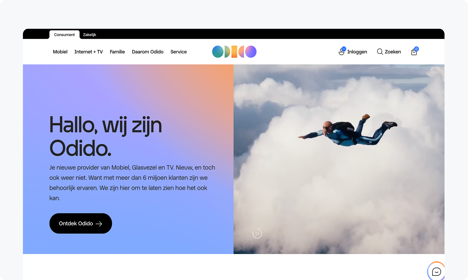 Website homepage for Odido, featuring a skydiver in the clouds and text introducing Odido as a new mobile and TV provider.