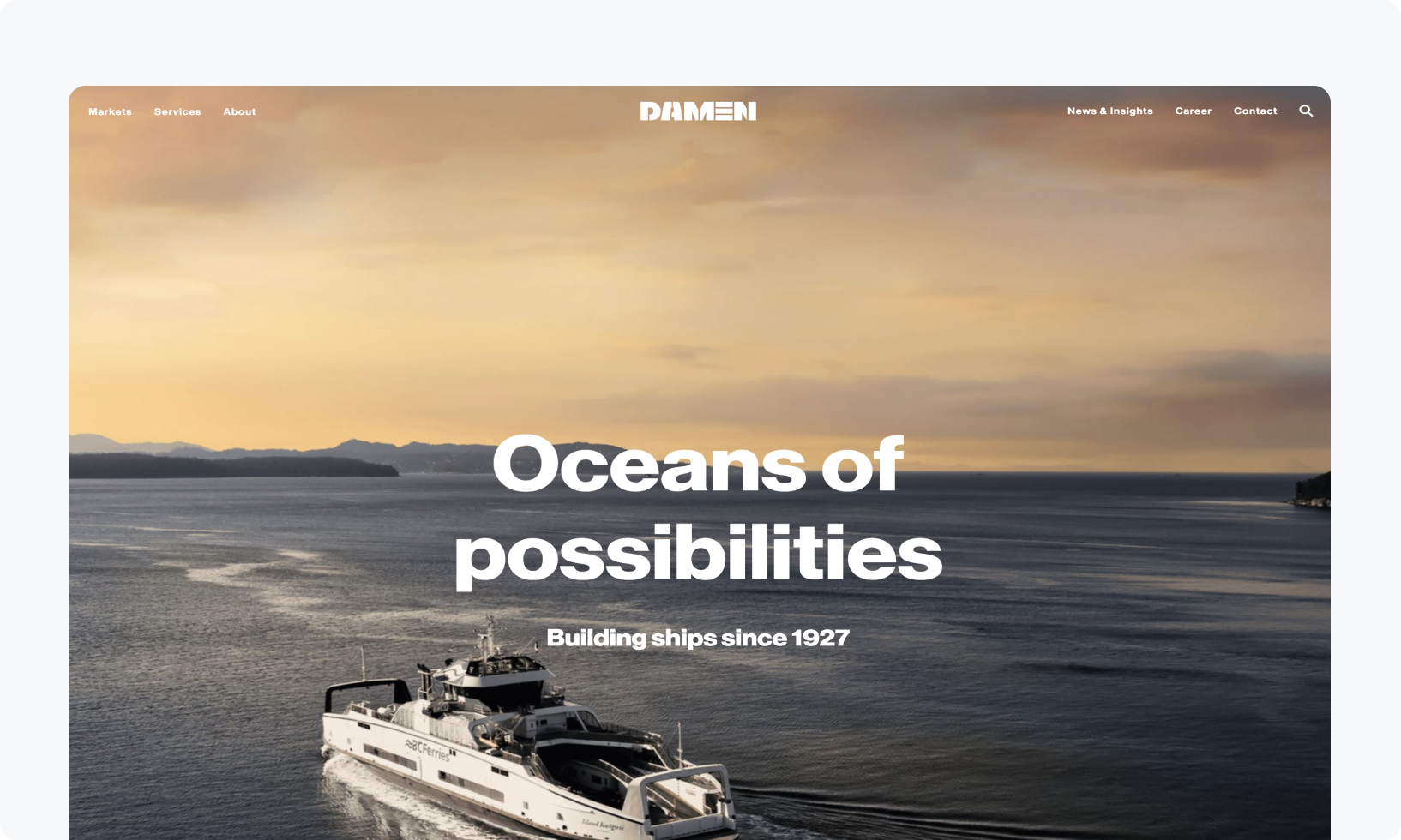 A white boat on an open sea under a yellow cloudy sky, with the words "Oceans of possibilities" written in bold white font.