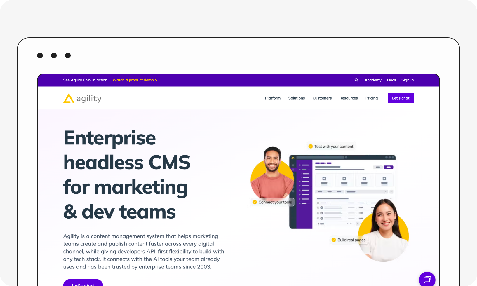 A webpage for Agility CMS promoting an enterprise headless CMS for marketing and dev teams, featuring product features and smiling people icons.