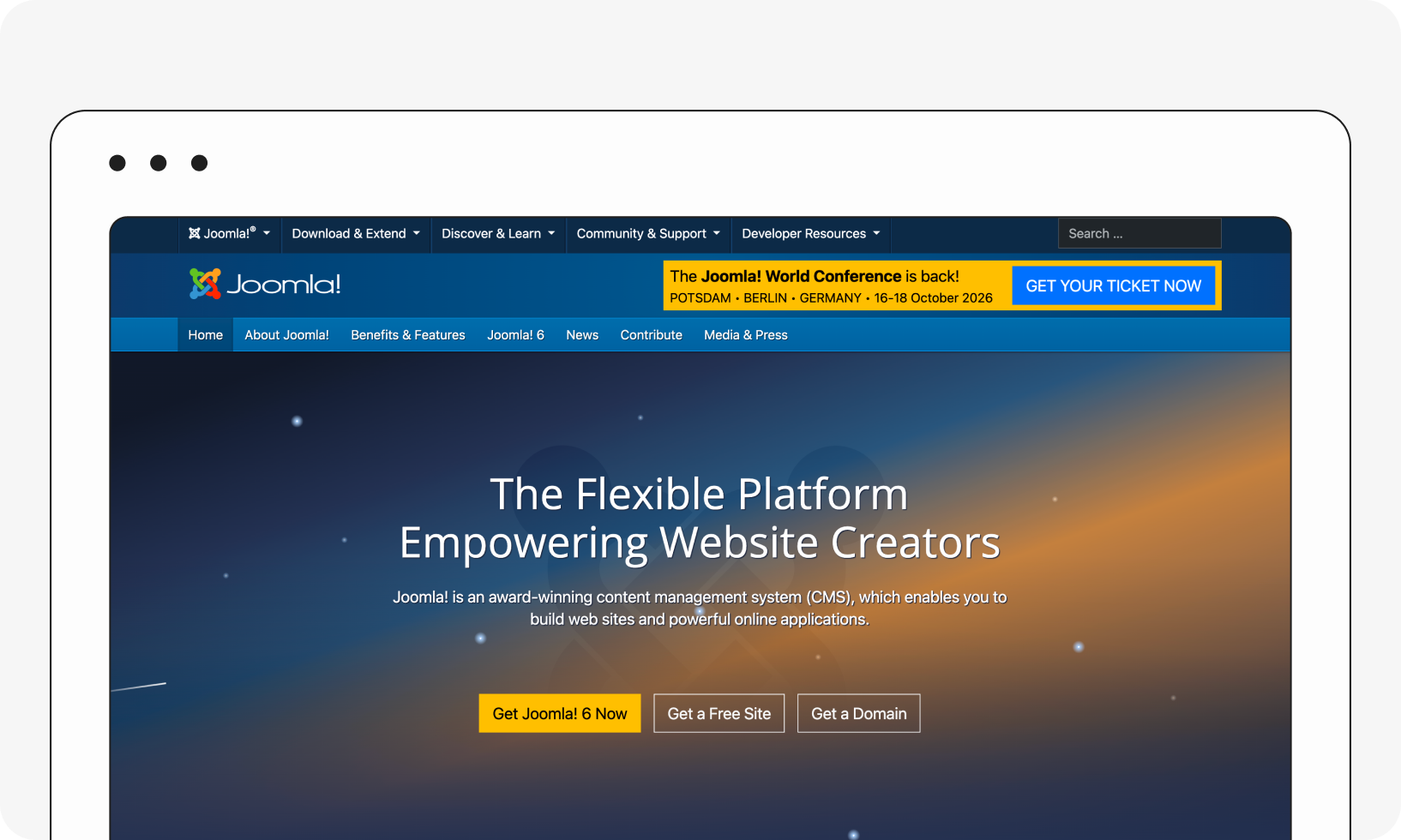 Joomla website homepage promoting its CMS platform with navigation bar, event banner, and options to get Joomla, a free site, or domain.