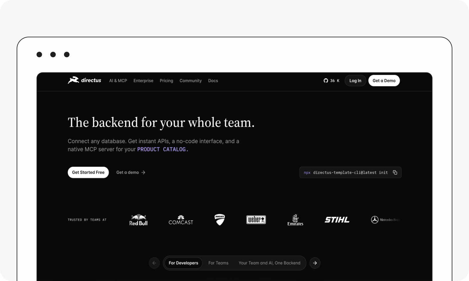 Directus webpage showcasing backend solutions for teams with instant APIs and no-code interface. Featured logos include Red Bull, Comcast, and Emirates.