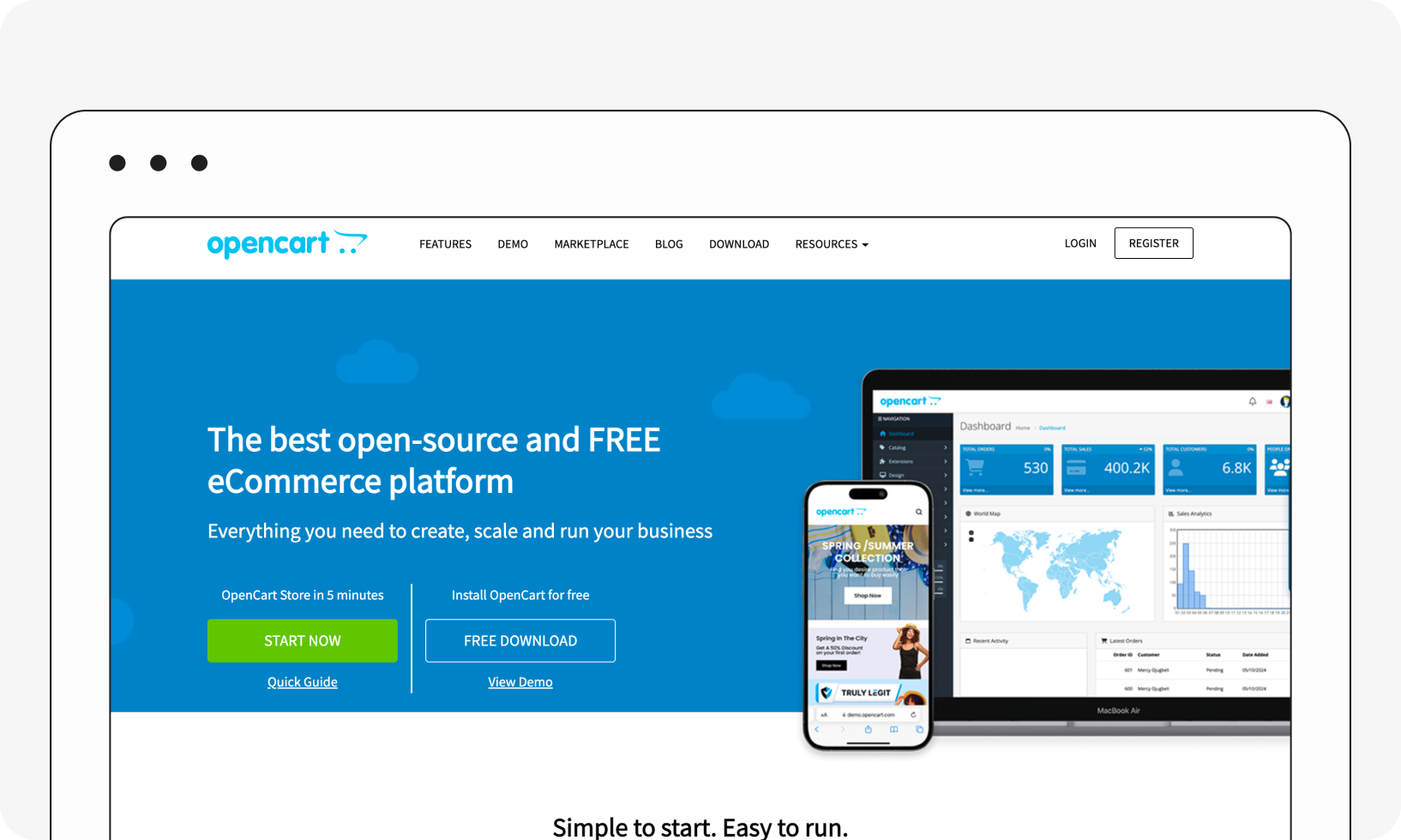 Opencart homepage displaying an eCommerce platform promotion, featuring a laptop and smartphone with analytics dashboards and a promo banner.