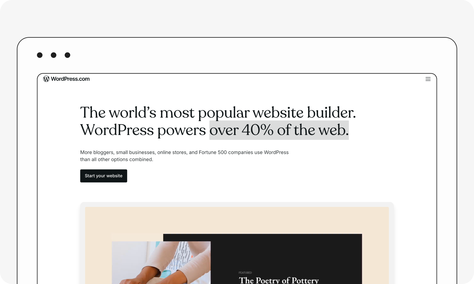 A browser window displaying WordPress.com, claiming to power over 40% of the web, with a "Start your website" button visible.