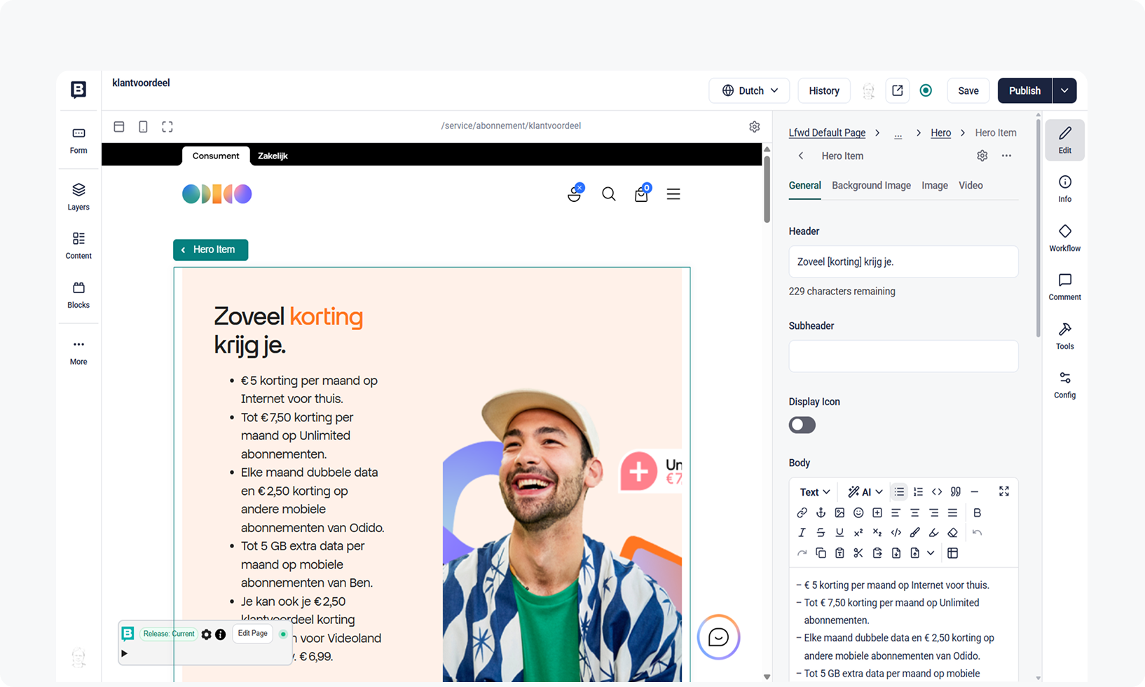 Website interface showing a design editor with a smiling man and text about various discounts in Dutch.