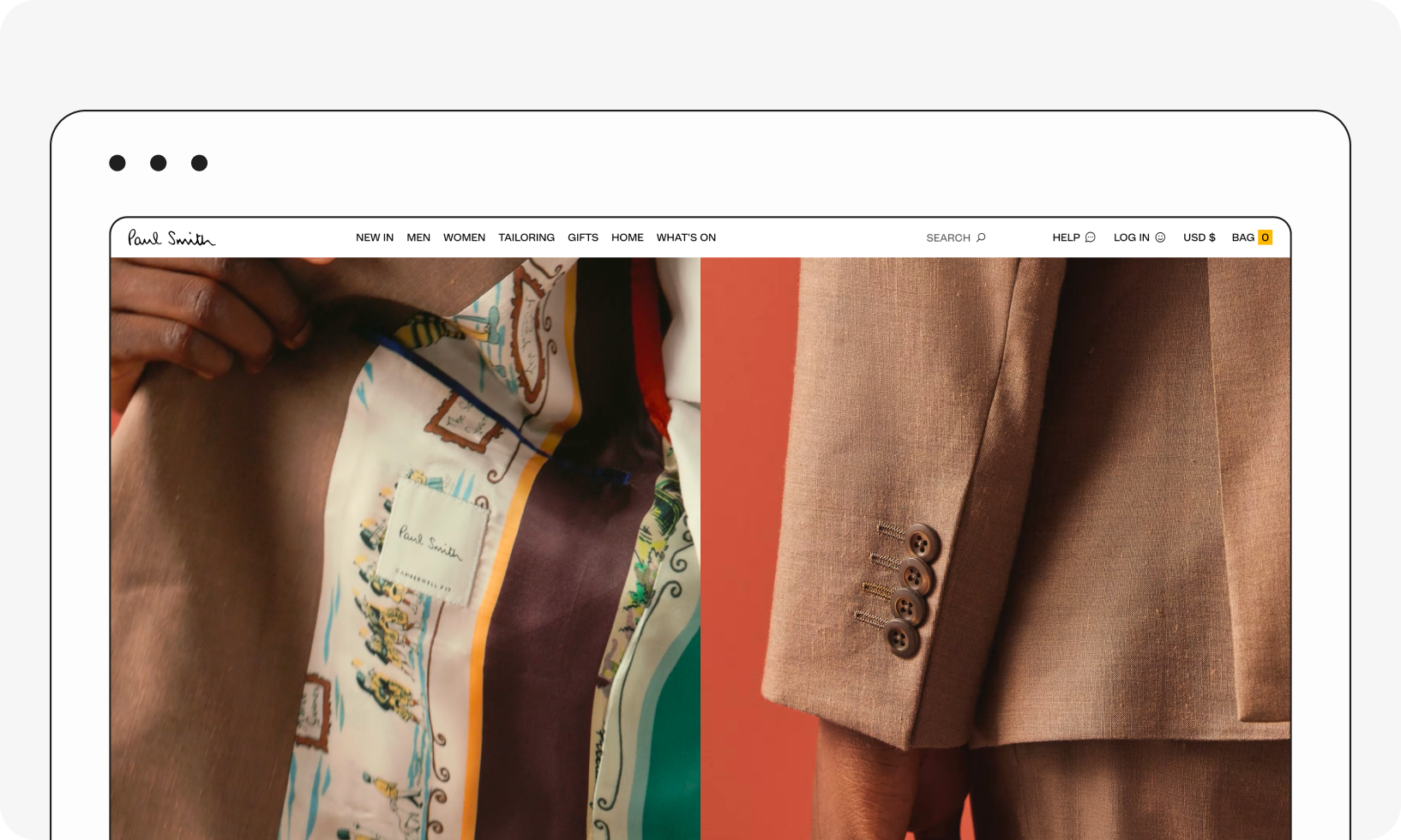 Side-by-side images of a tan suit jacket: one showing the patterned interior and label, the other displaying sleeve buttons.
