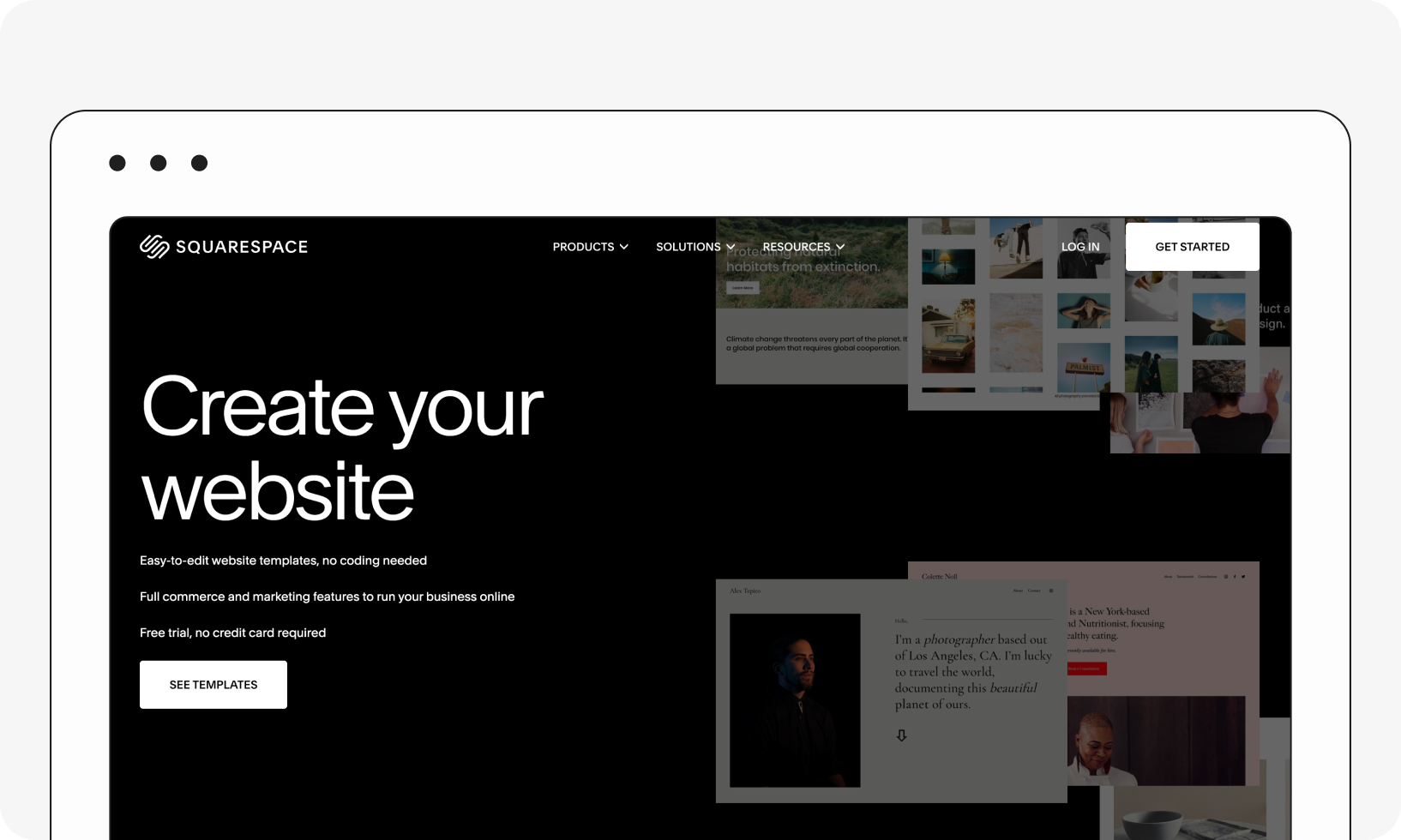 Squarespace webpage on a computer screen, featuring "Create your website" and offering templates and features for business websites.
