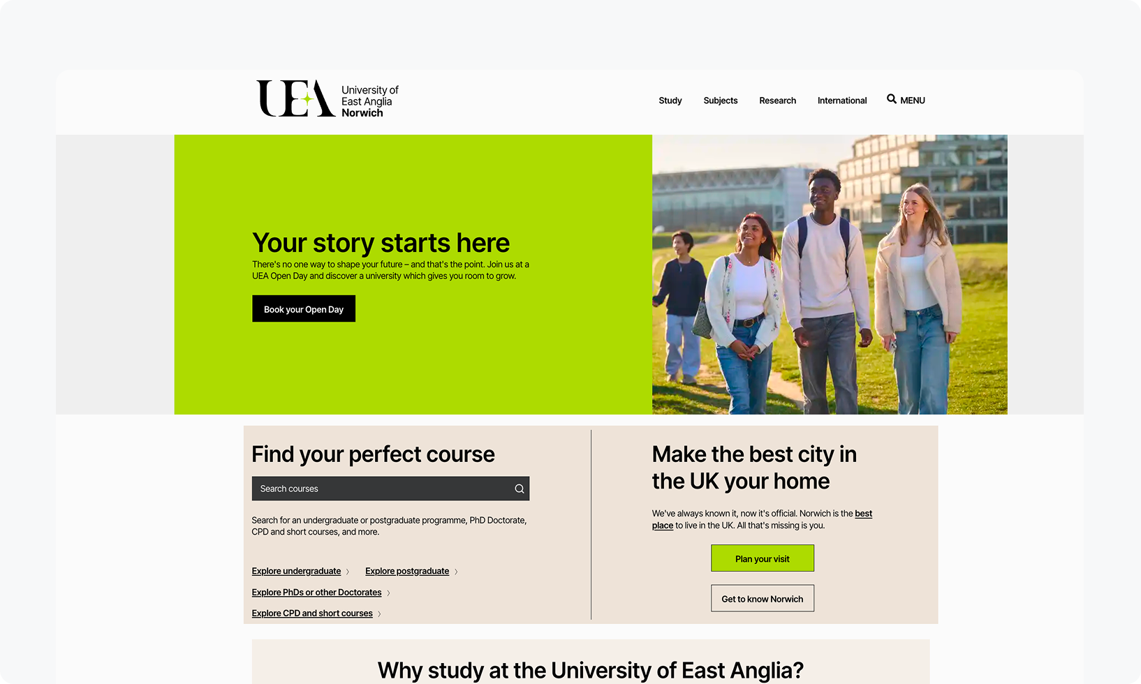 University of East Anglia webpage featuring students walking on campus and options for course search and visiting Norwich.