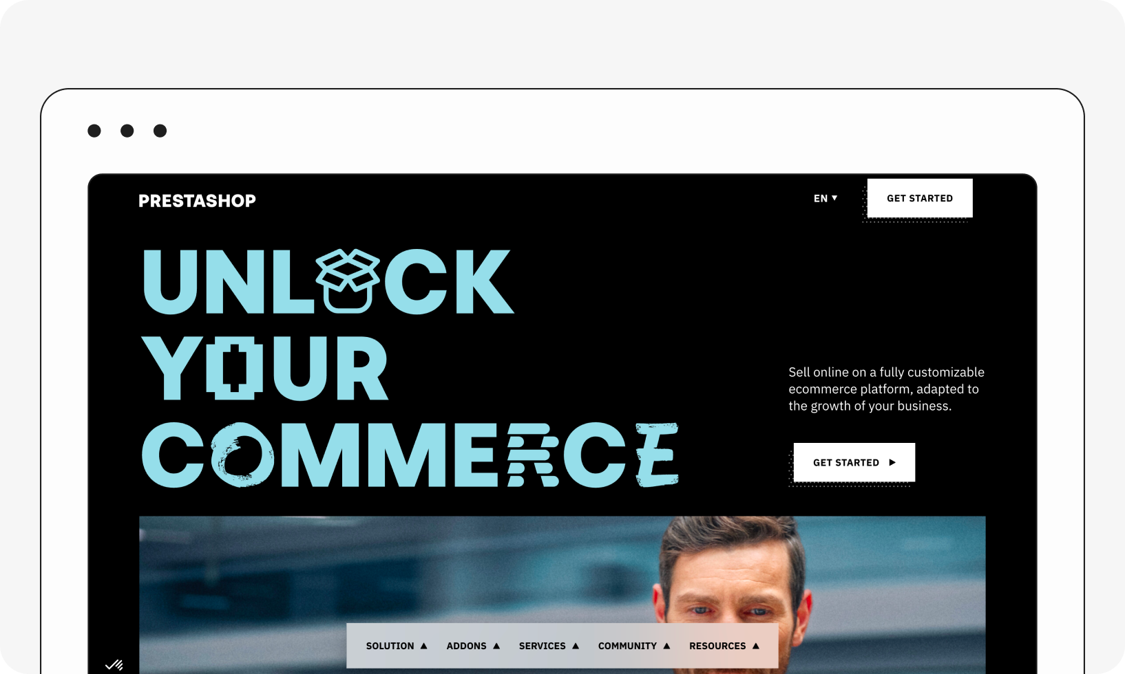A tablet screen displaying the PrestaShop homepage with the text "Unlock Your Commerce" and buttons for getting started.
