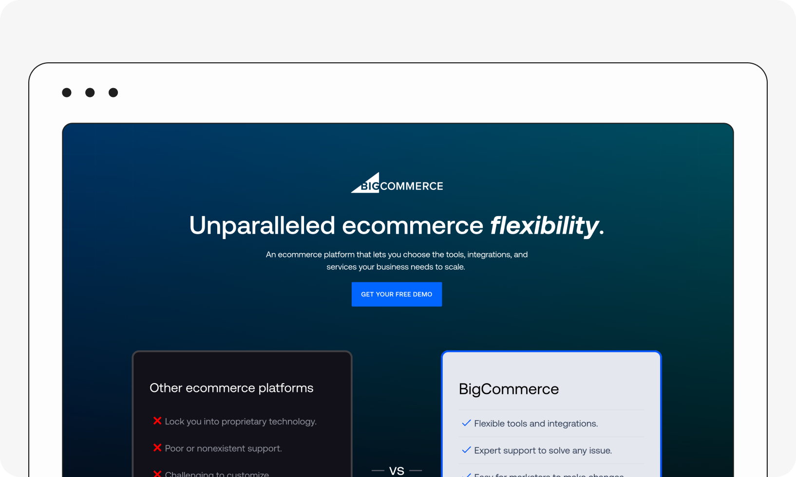 Webpage displaying BigCommerce, highlighting ecommerce flexibility with tools and integrations, comparing features with other platforms.