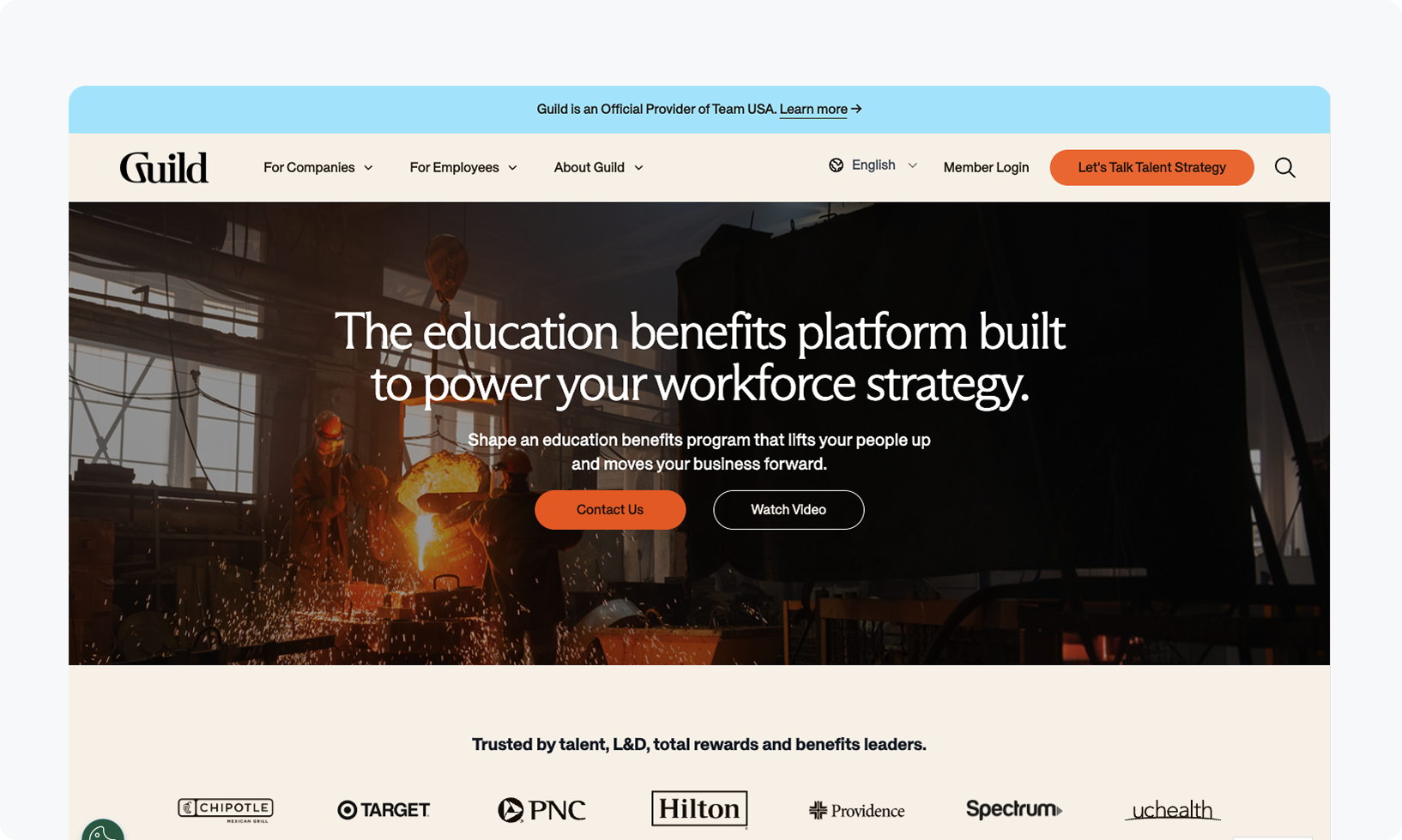 A website homepage featuring a slogan about education benefits for workforce strategy, with options to contact or watch a video.