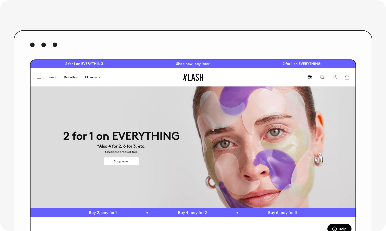 A webpage display for "XLASH" showing a 2-for-1 promotion with a woman's face partially covered by colorful patches.