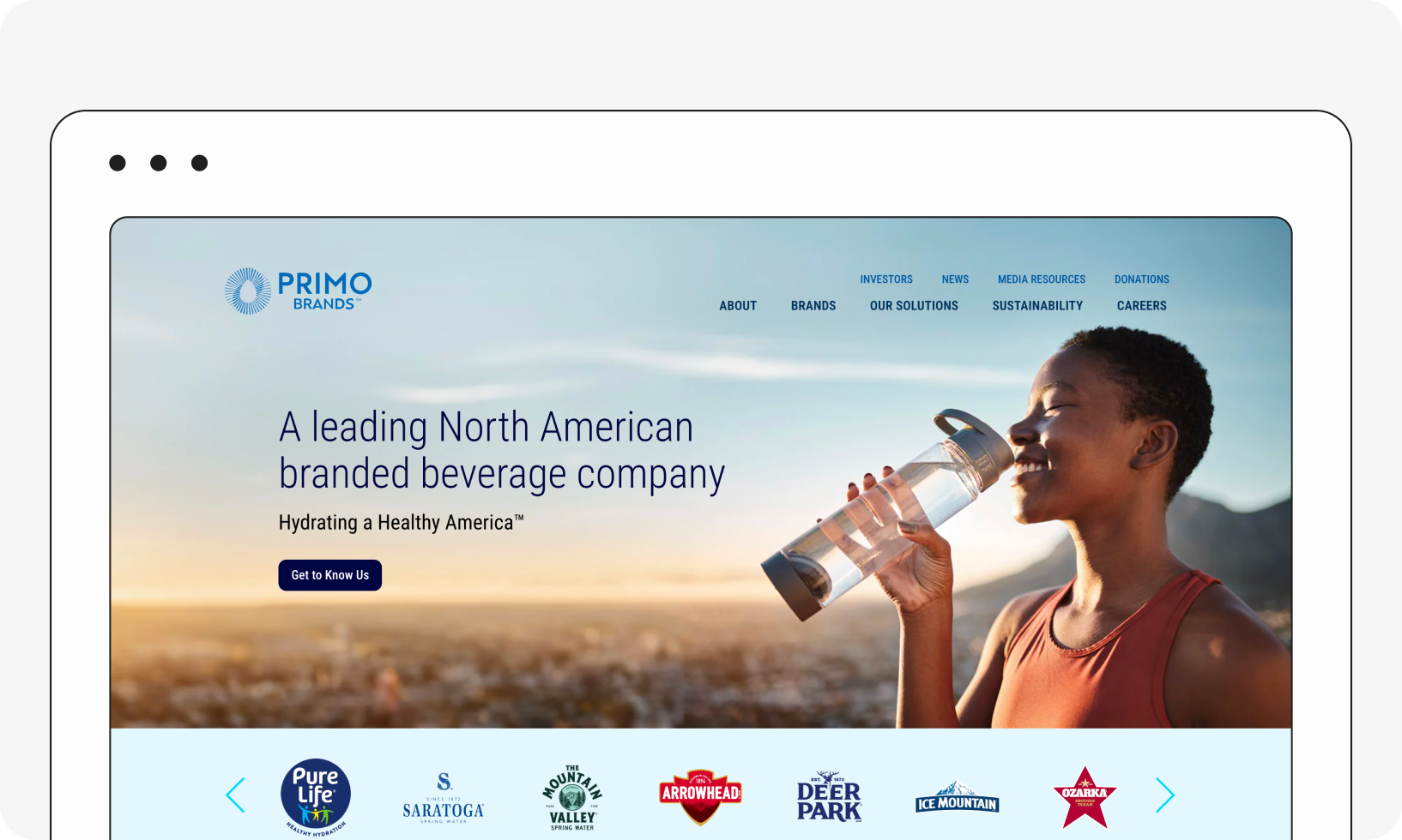 Website screenshot with a person drinking water, promoting a North American beverage brand focused on hydration. Logos of various brands shown below.