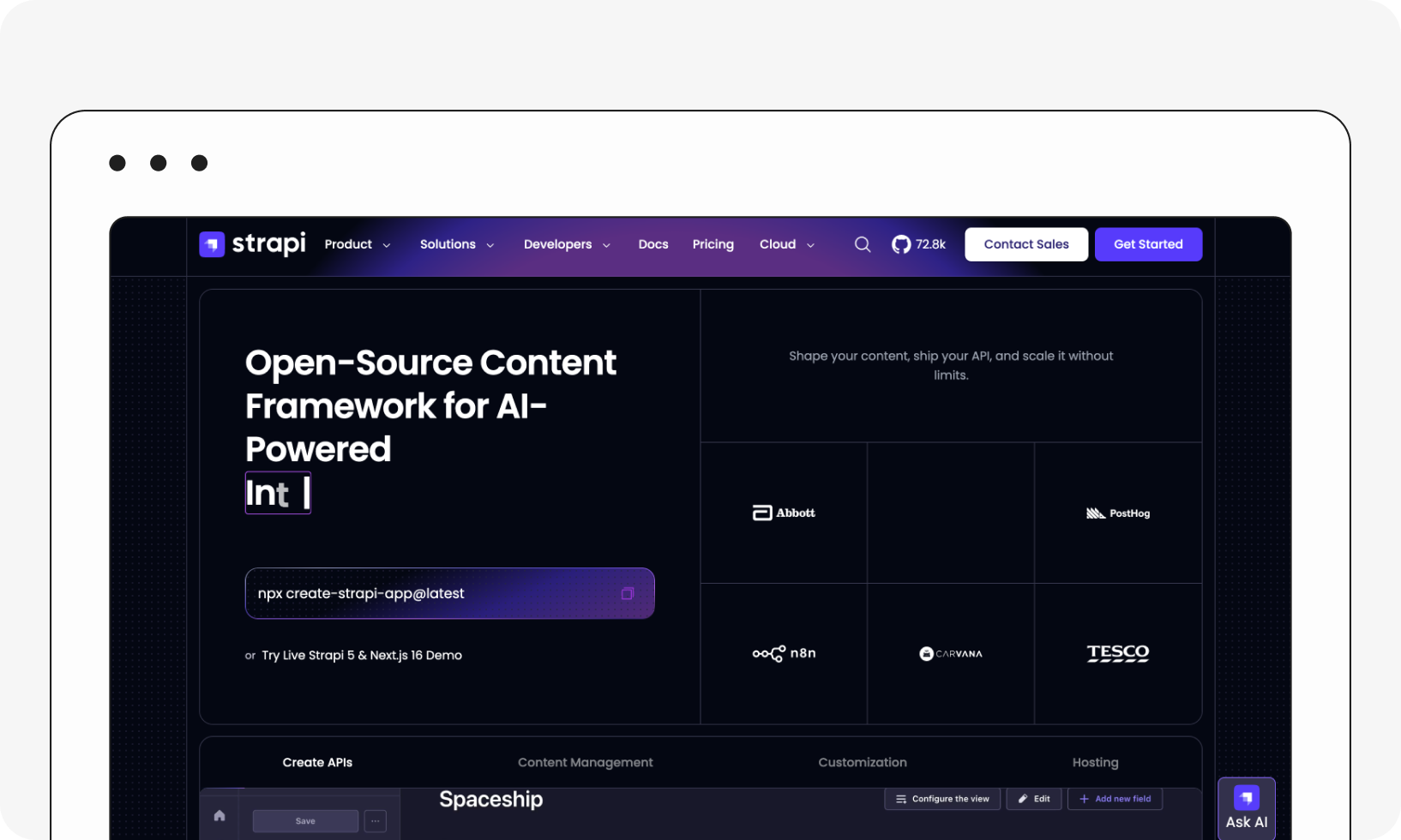 Screenshot of Strapi website showcasing an AI-powered open-source content framework with navigation menu and partner logos.