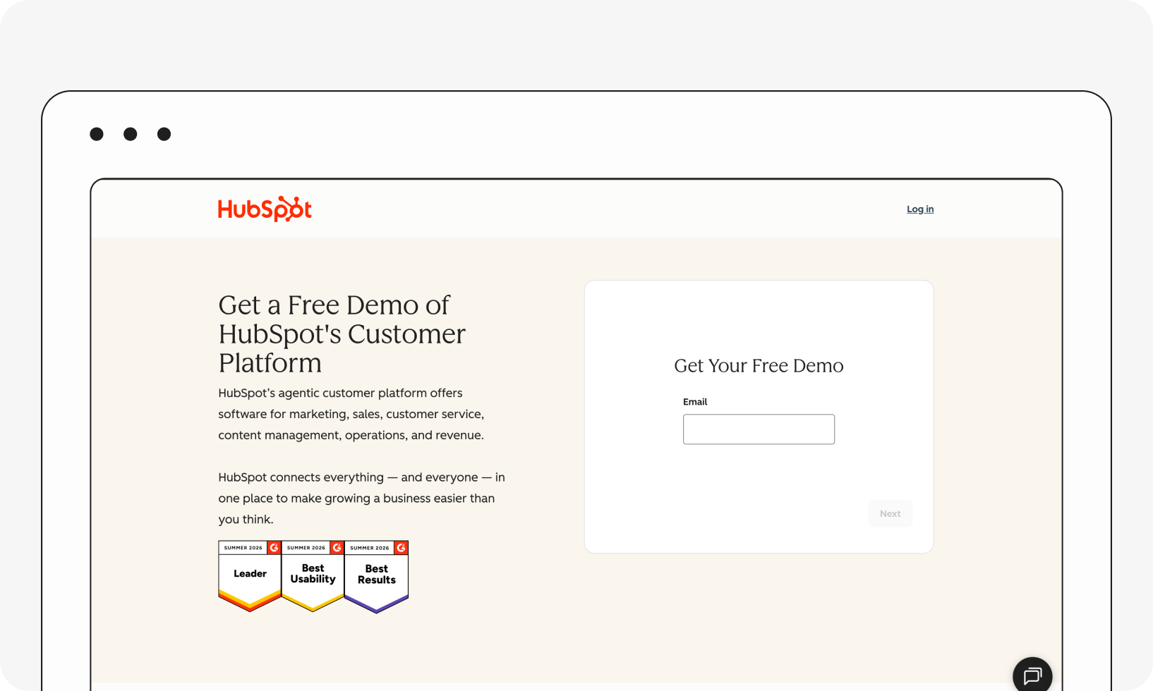 Webpage offering a free demo of HubSpot's customer platform with marketing text, email input field, and award badges for 2026 achievements.