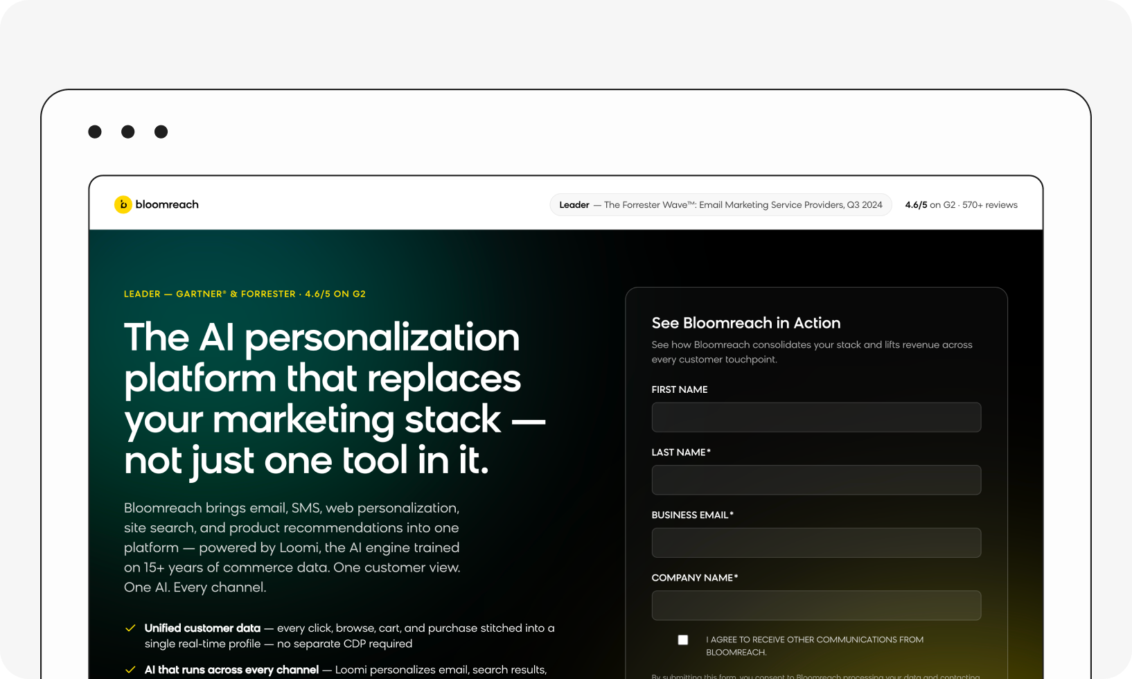 A webpage showcasing Bloomreach's AI personalization platform with a form to see the platform in action, featuring ratings and descriptions.