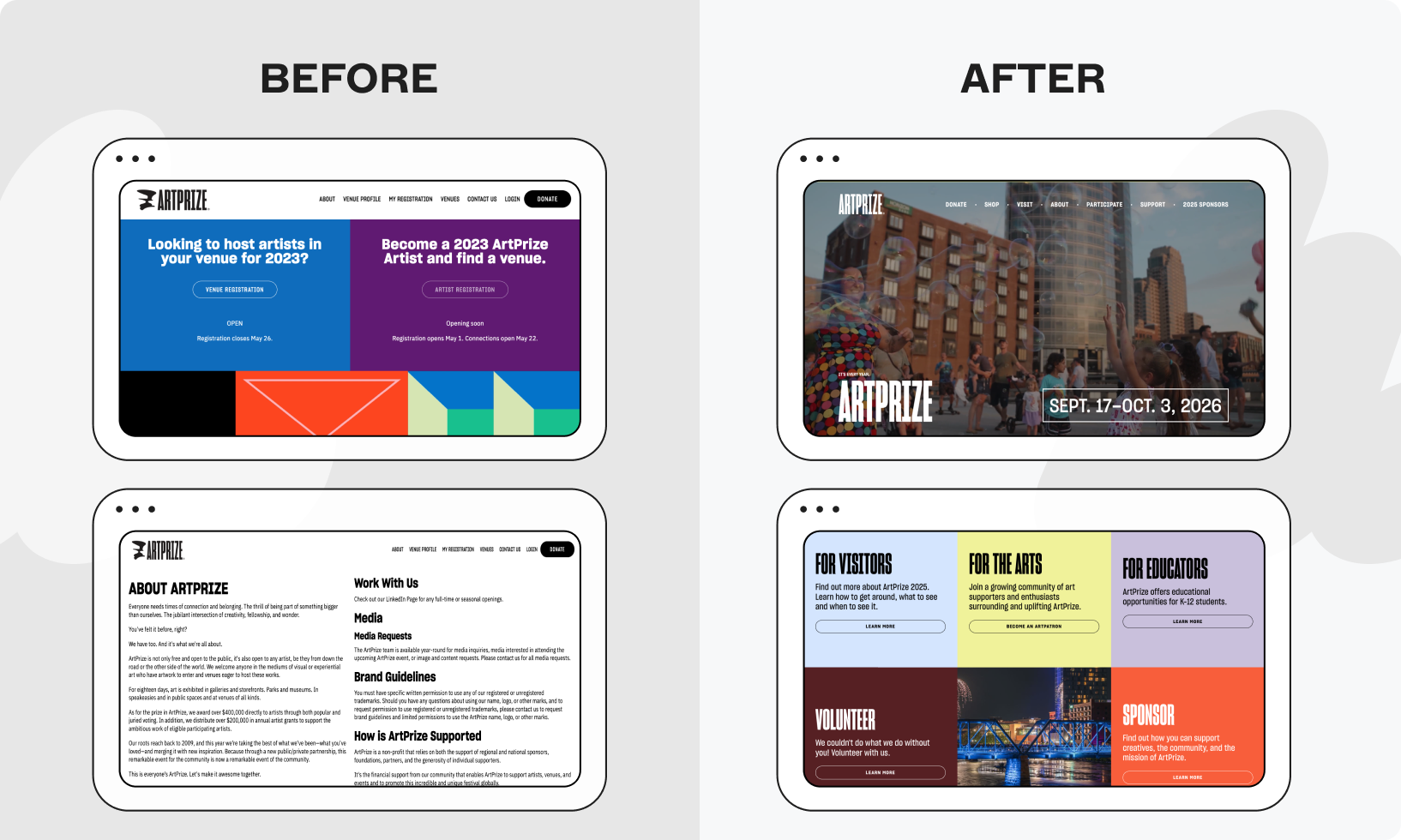 Side-by-side "Before" and "After" tablet mockups: left shows blocky, colorful site; right shows photo hero header and card-style visitor panels.