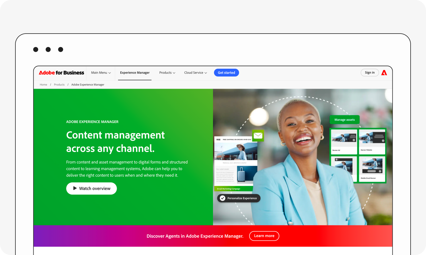 Screenshot of Adobe for Business webpage featuring Adobe Experience Manager with text on content management and a smiling person.