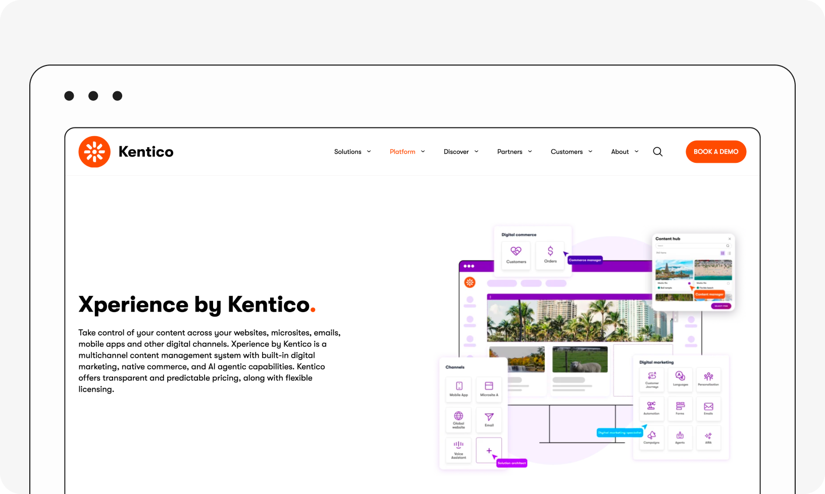 Illustration of Kentico's Xperience platform on a webpage, featuring content management, digital marketing, and commerce capabilities.