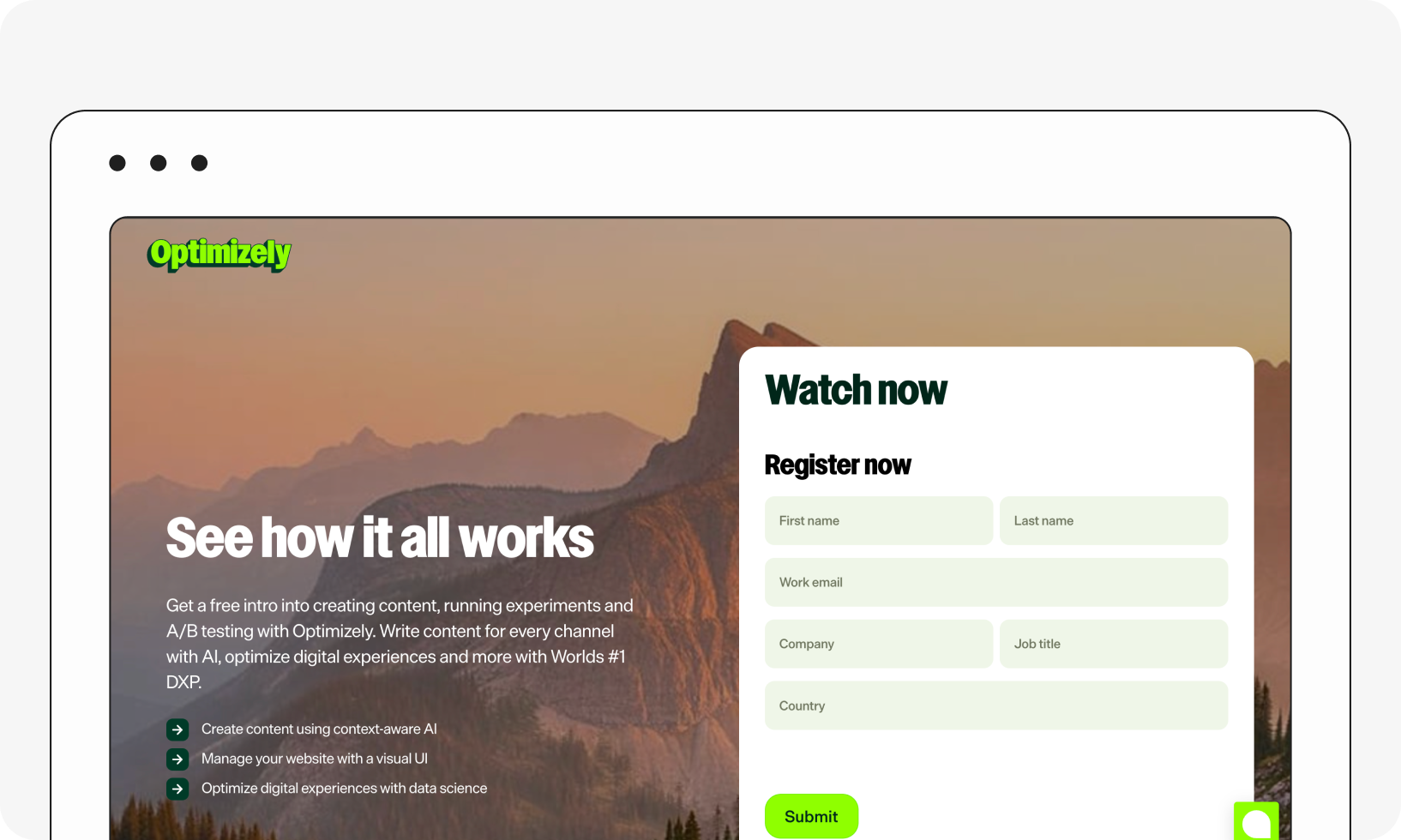 A website page with a mountain background offering free content creation intro using AI, featuring a registration form for watching a presentation.