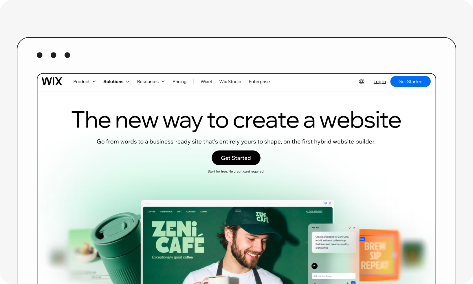 Wix homepage showcasing "The new way to create a website" with options for products, solutions, and a large "Get Started" button.