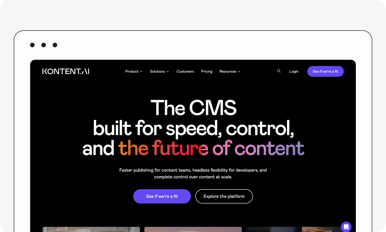 Website homepage for Kontent.ai, advertising a CMS focused on speed, control, and future content. Features navigation menu and call-to-action buttons.
