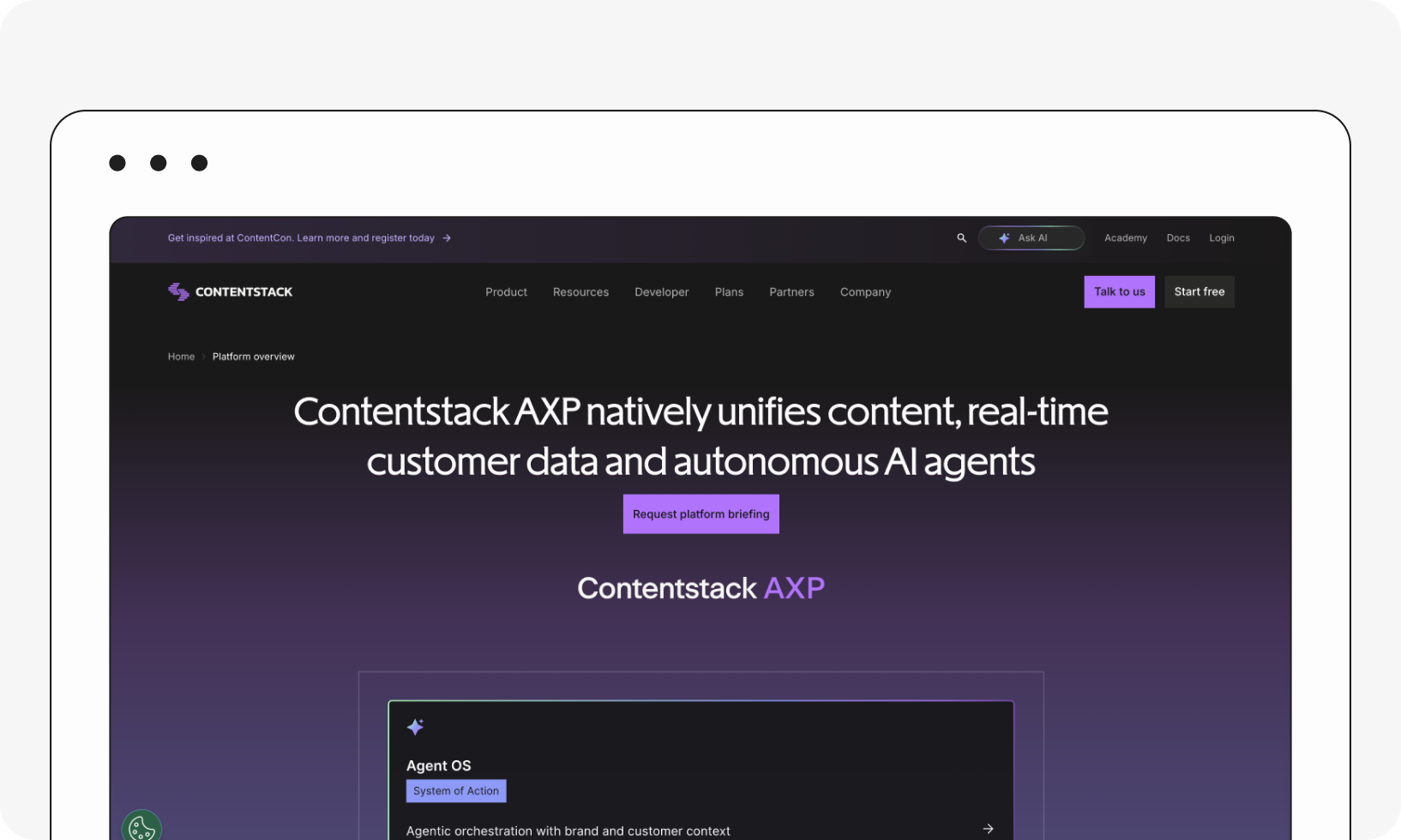 Website screenshot of Contentstack AXP, highlighting its features of unifying content, real-time data, and autonomous AI agents.