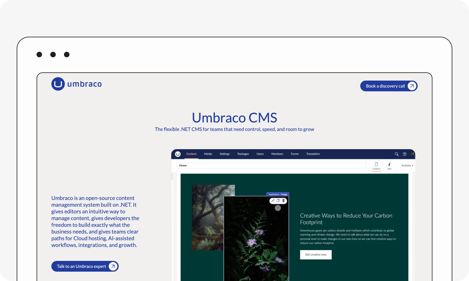 A digital interface showcases Umbraco CMS, highlighting its features for control, speed, and growth. A nature-themed webpage is displayed.