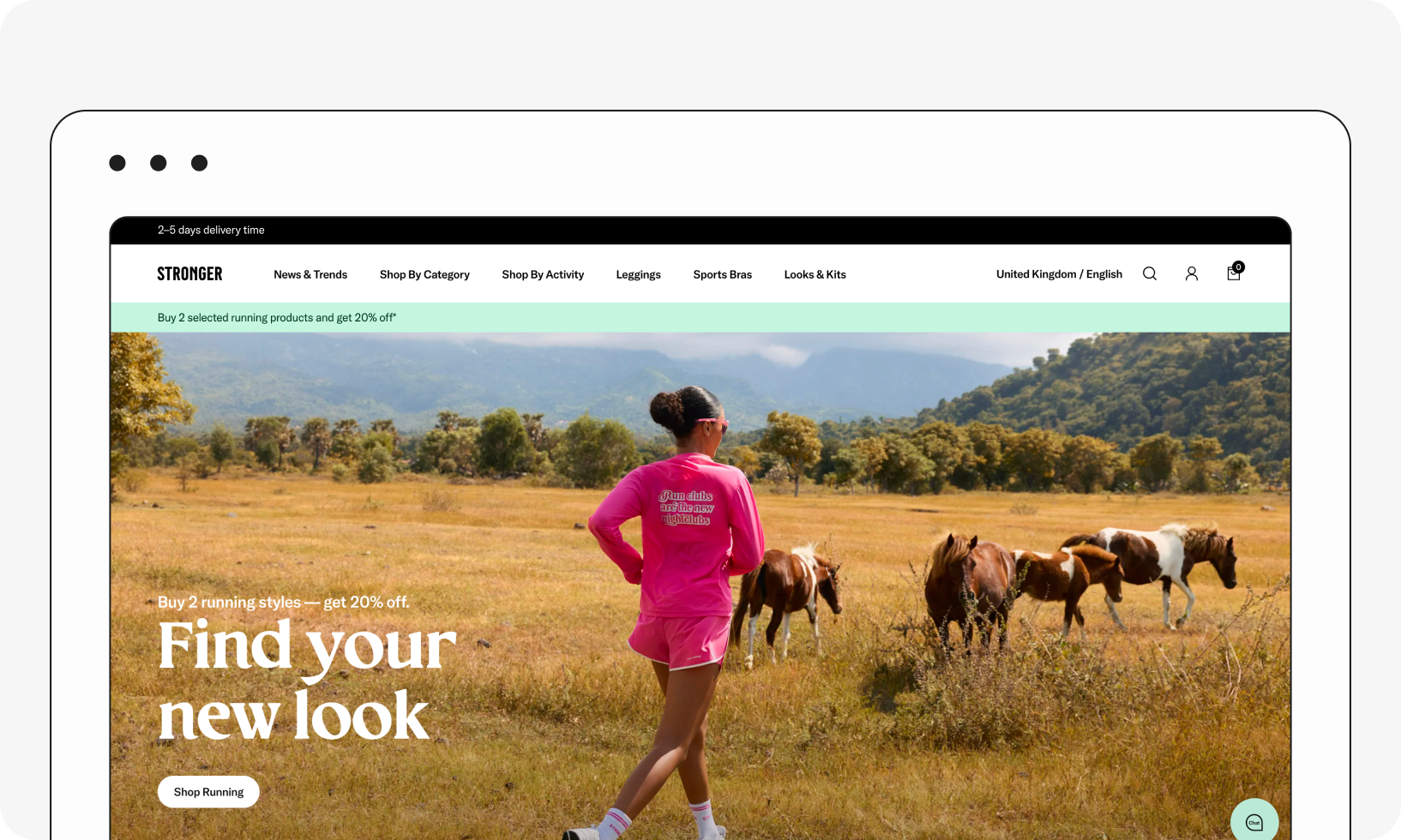 A woman in a pink athletic outfit stands in a grassy field with grazing horses, featuring the text "Find your new look."