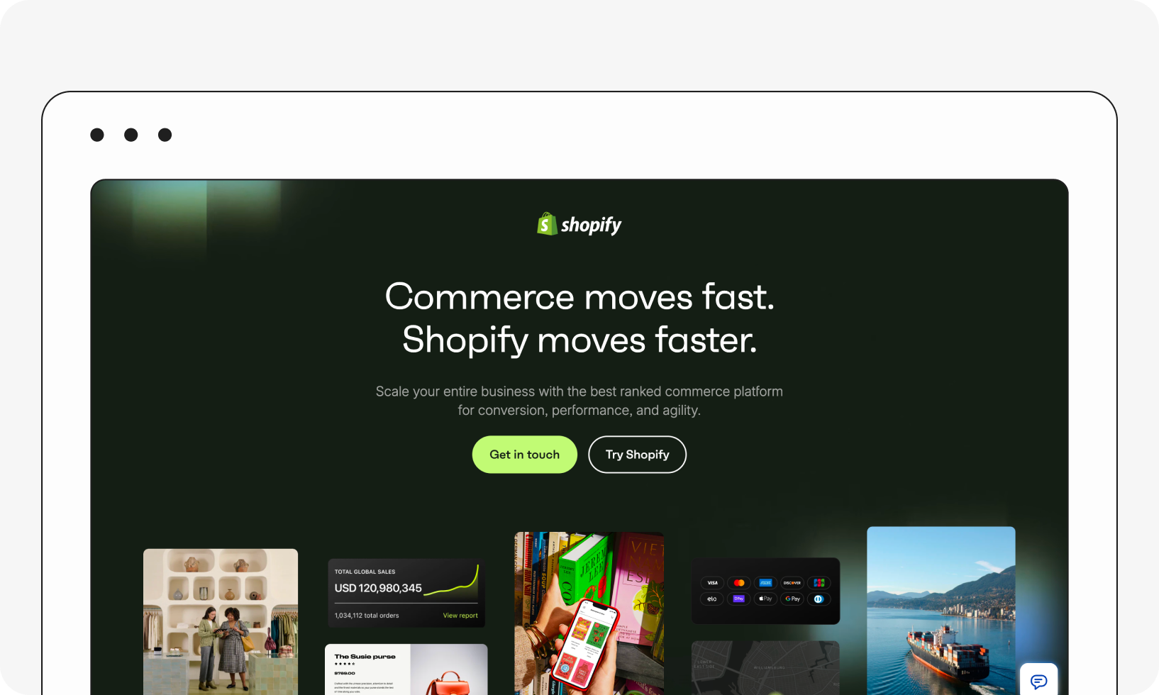 Shopify webpage showcasing commerce solutions with the text "Commerce moves fast. Shopify moves faster." and "Get in touch" and "Try Shopify" buttons.