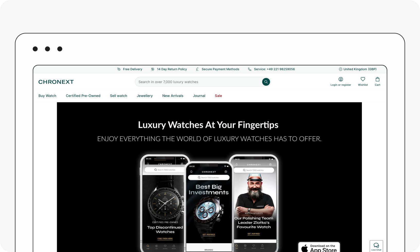 Website showing luxury watches with search bar, apps, and options like buy, sell, and browse jewelry and new arrivals.
