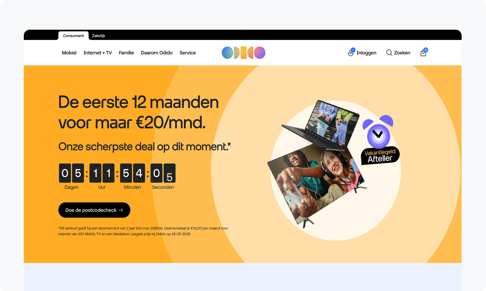 Promotional banner for a 12-month deal at €20/month. Countdown timer and images of people using technology.