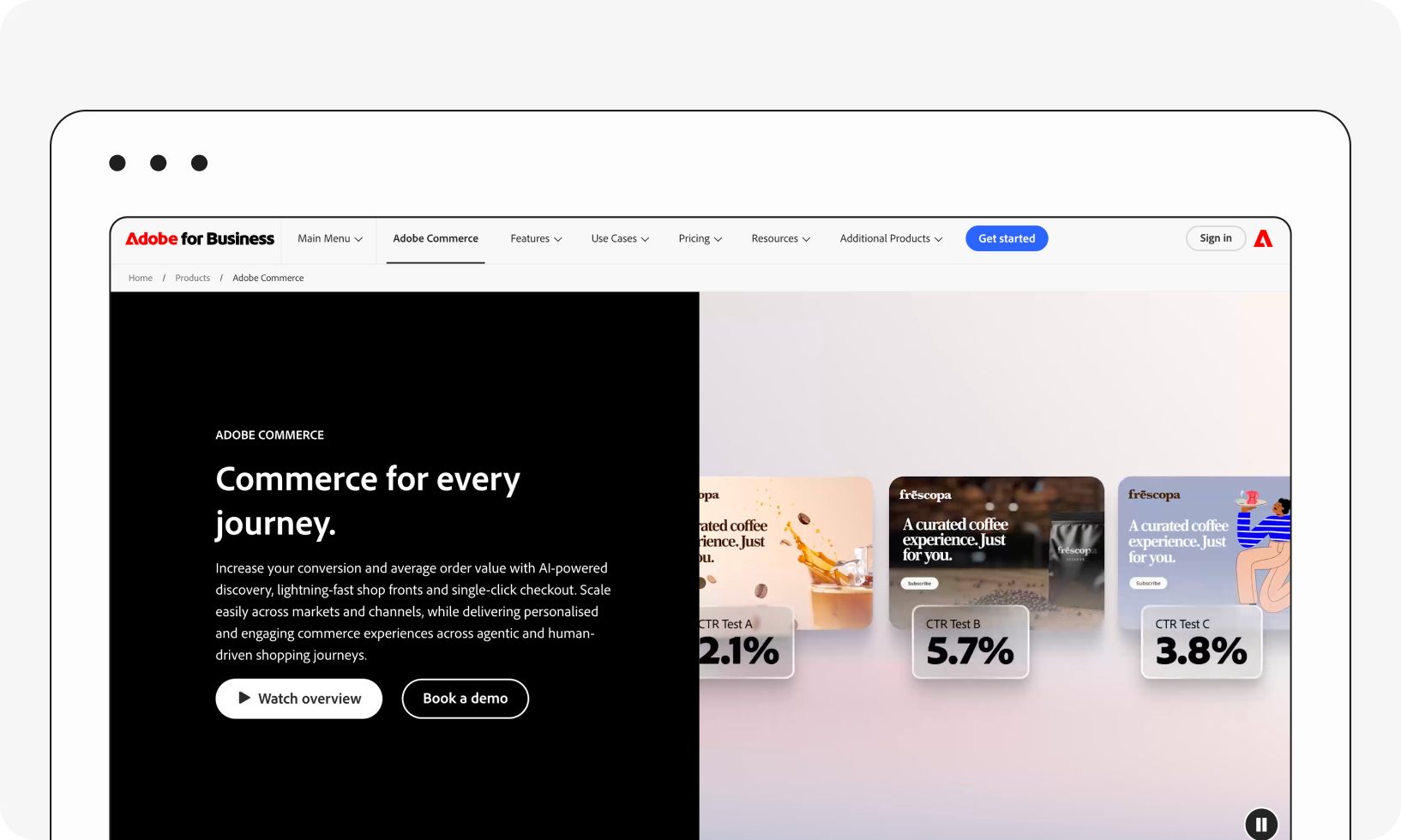 Website showcasing Adobe Commerce features, emphasizing AI-powered discovery, fast shop fronts, and easy checkout with demo and overview options.