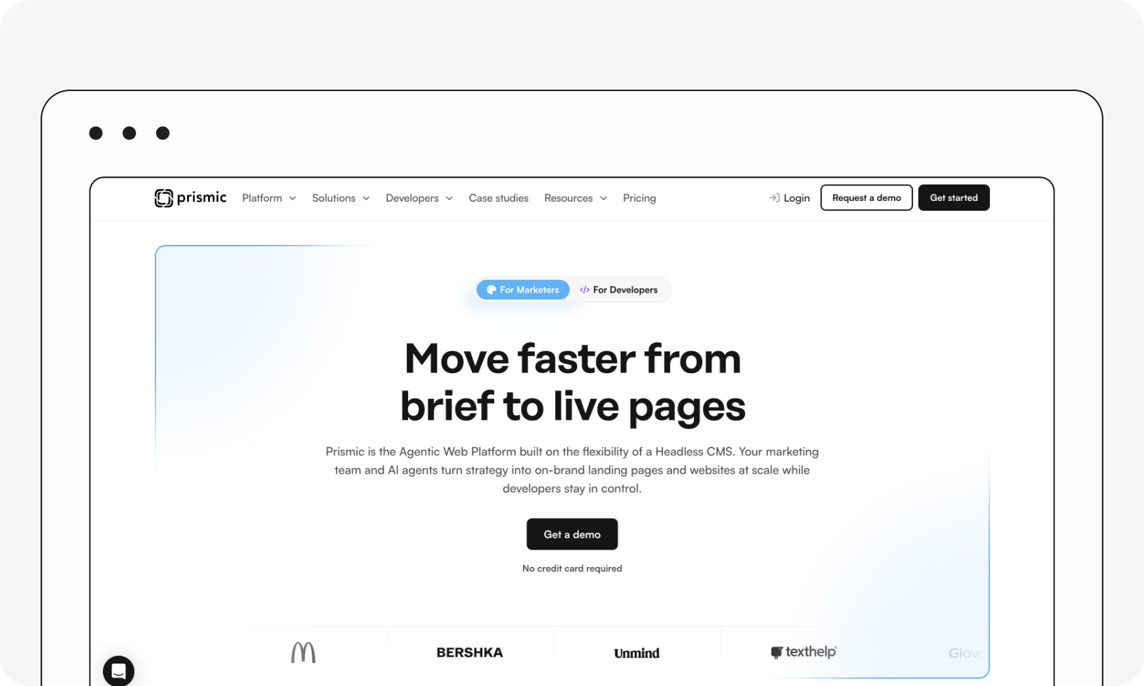 A web page for Prismic showcasing its platform tagline: "Move faster from brief to live pages" with options for marketers and developers.