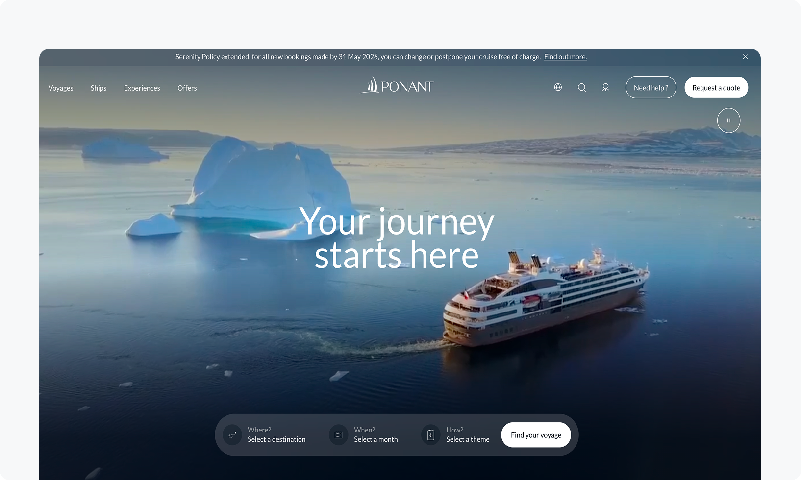 Cruise ship sailing near icebergs with the text "Your journey starts here" overlaid. Ponant logo and navigation options are visible.