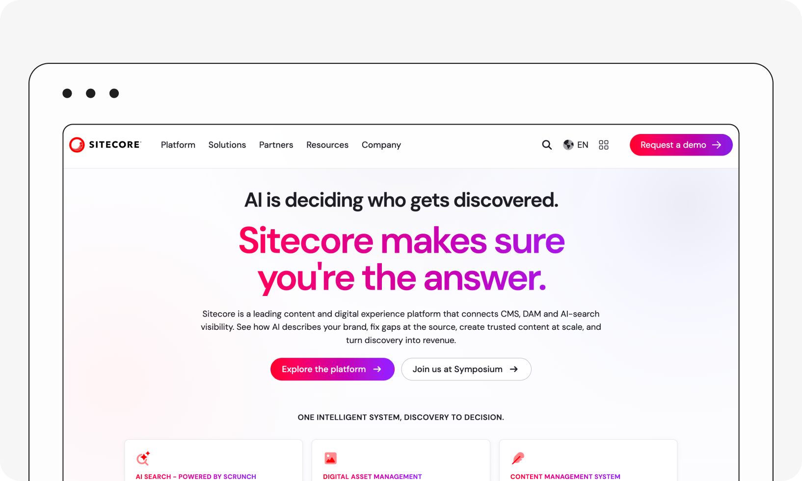 Website screenshot promoting Sitecore as a digital experience platform. It highlights the role of AI in content visibility and offers platform exploration.