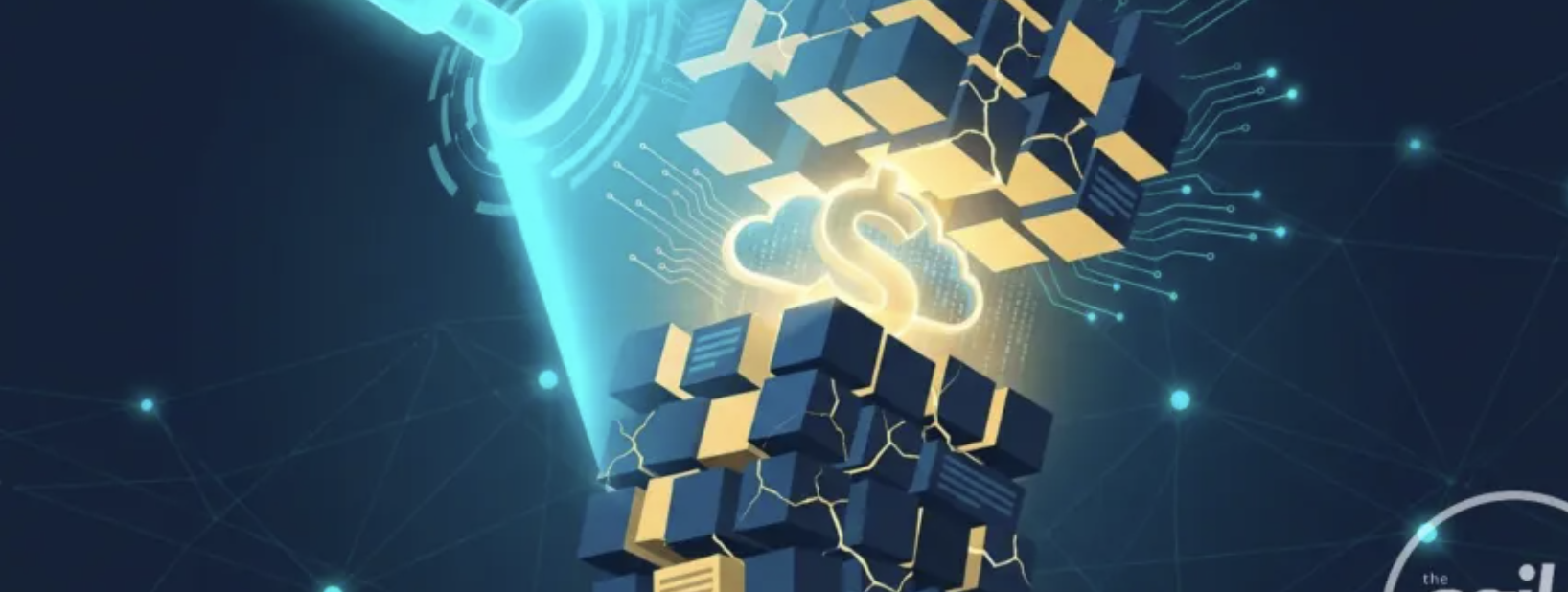 Abstract digital illustration of blue and yellow cubes, a cloud symbol, and a dollar sign, connected by glowing circuits on a dark background.