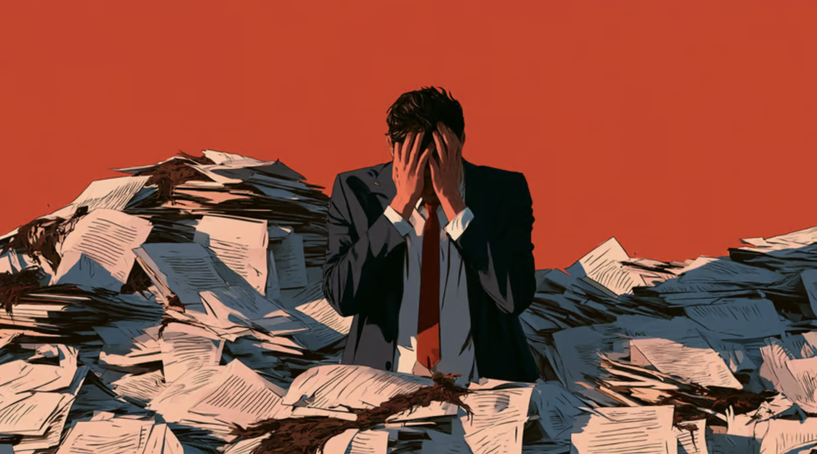 A man in a suit holds his head in frustration, surrounded by piles of paperwork against a red background.