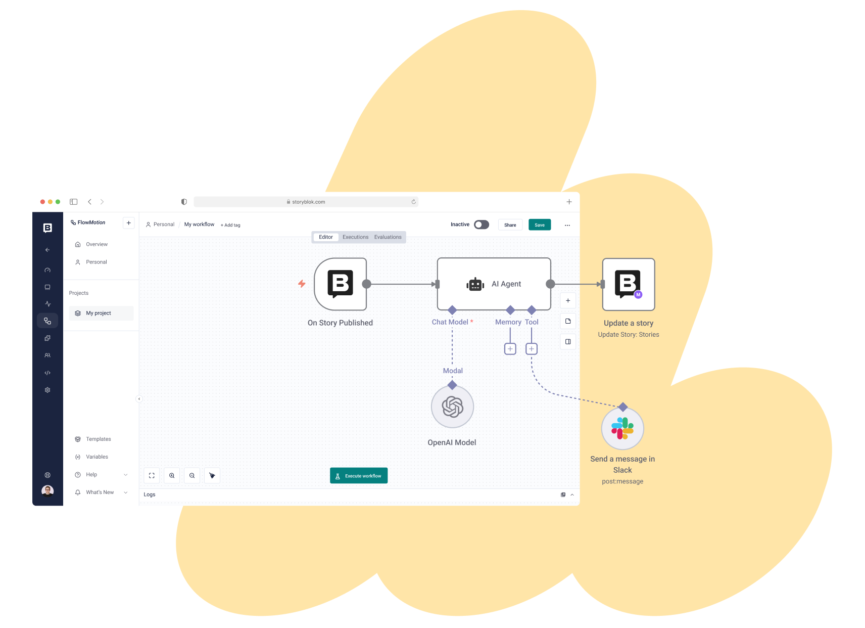FlowMotion workflow interface showing a process with AI Agent, updating a story, and sending a message in Slack, over a yellow abstract background.