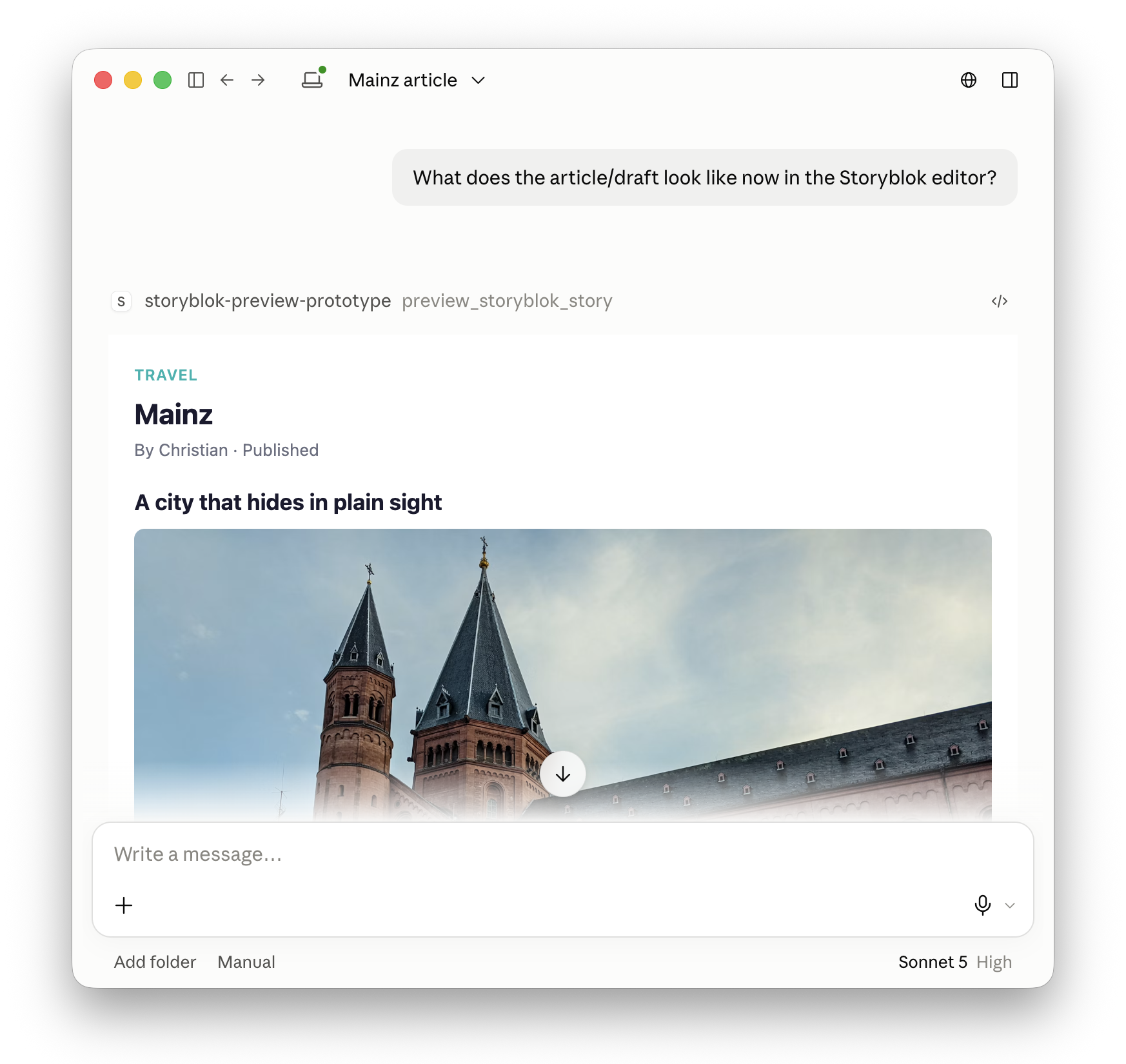 A Claude conversation asks what the Mainz article looks like in the Storyblok editor and displays a rendered Storyblok preview with the heading “A city that hides in plain sight.