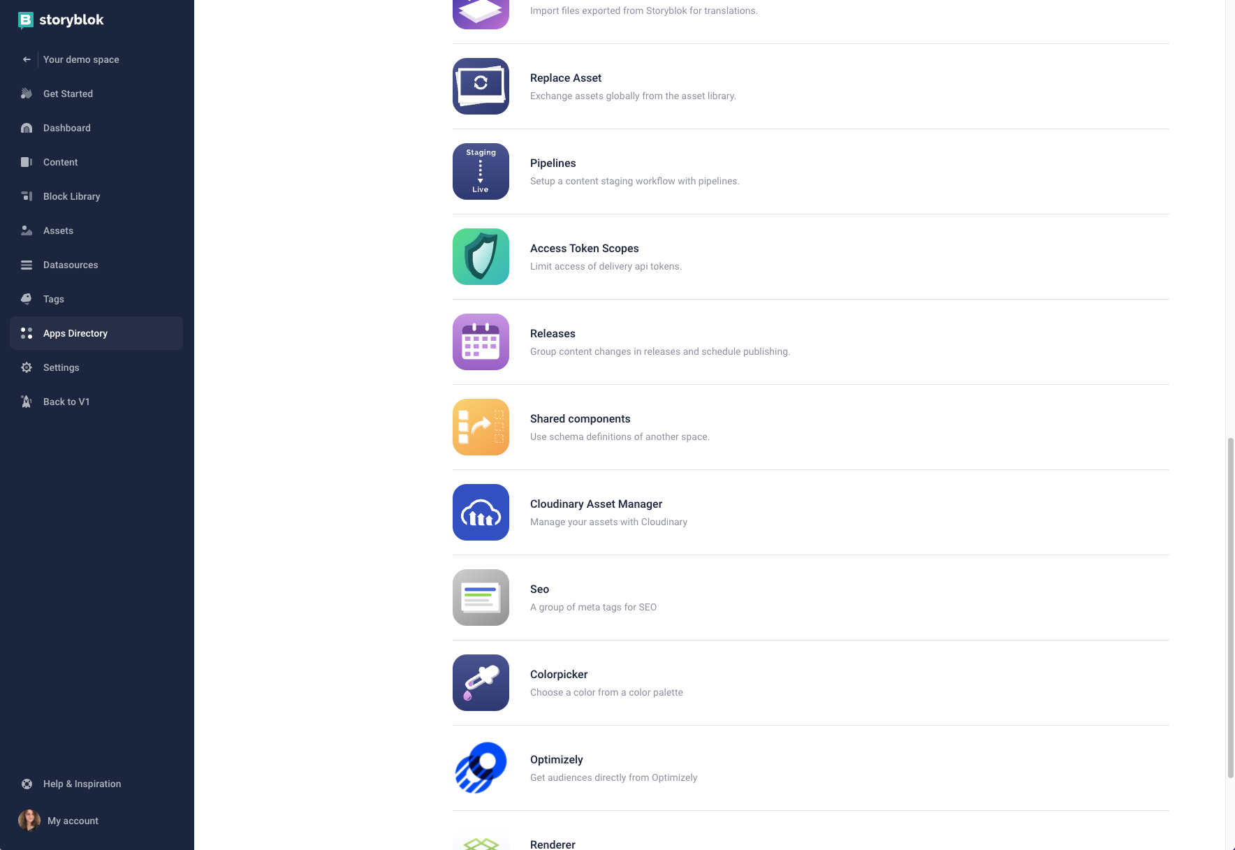 A list of potential add-ons for a static site on Storyblok's App Directory.