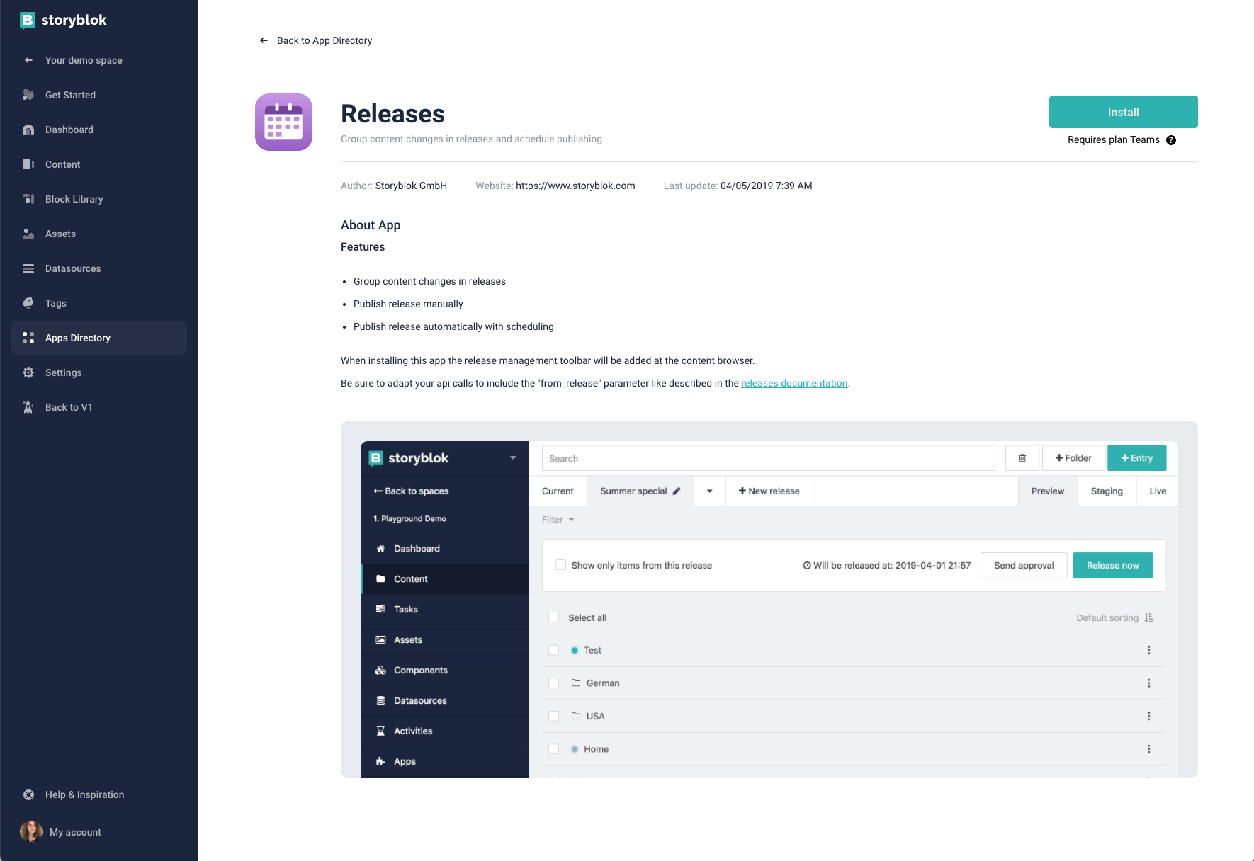 The page for installing the Releases app