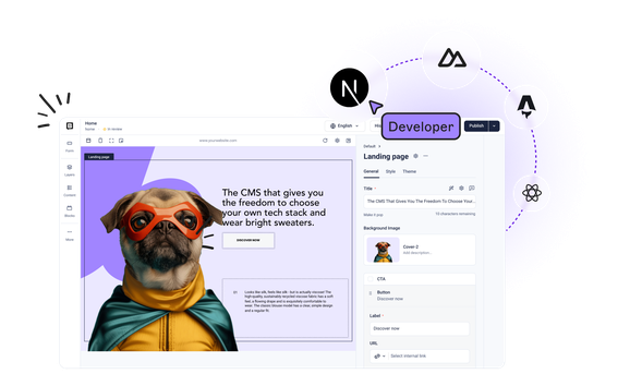 Screenshot of a CMS webpage editor with a superhero dog image. "Developer" is highlighted in a dropdown, featuring tech stack icons.
