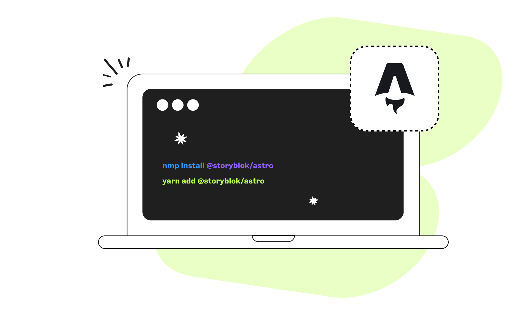 Illustration of a laptop displaying commands "npm install @storyblok/astro" and "yarn add @storyblok/astro," with an Astro logo on the side.