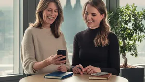 Two women smiling and looking at a smartphone over a round table, with notebooks, in a room with large windows and a view of a cathedral.