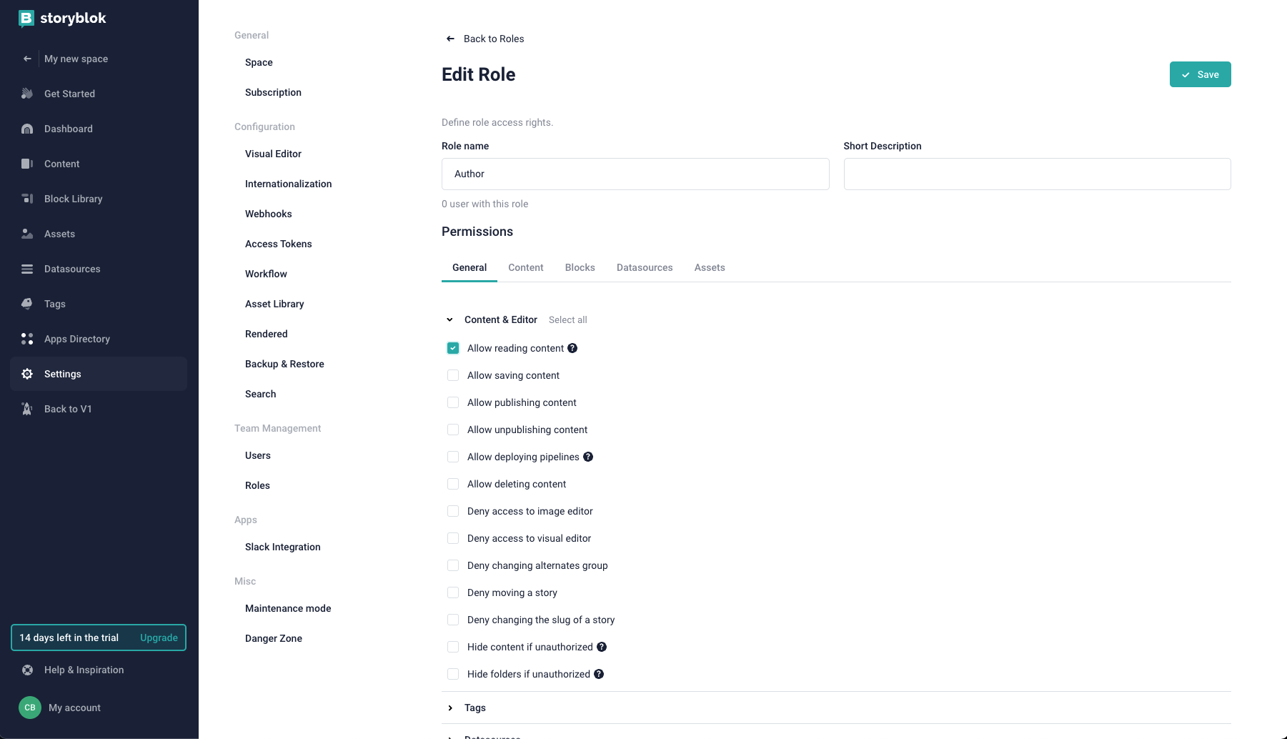 An annotated screenshot of the Roles category in settings