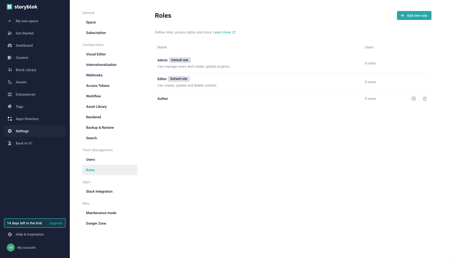 An annotated screenshot of the Roles category in settings