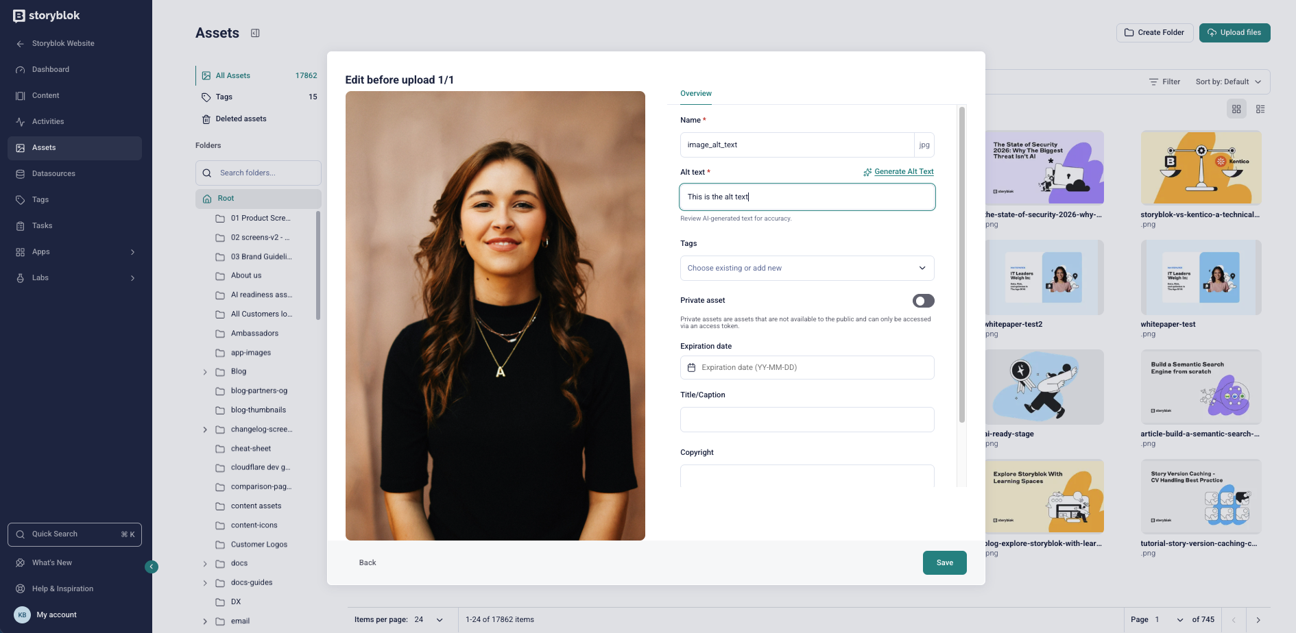A screenshot of how to include alt text for an asset in the Storyblok app